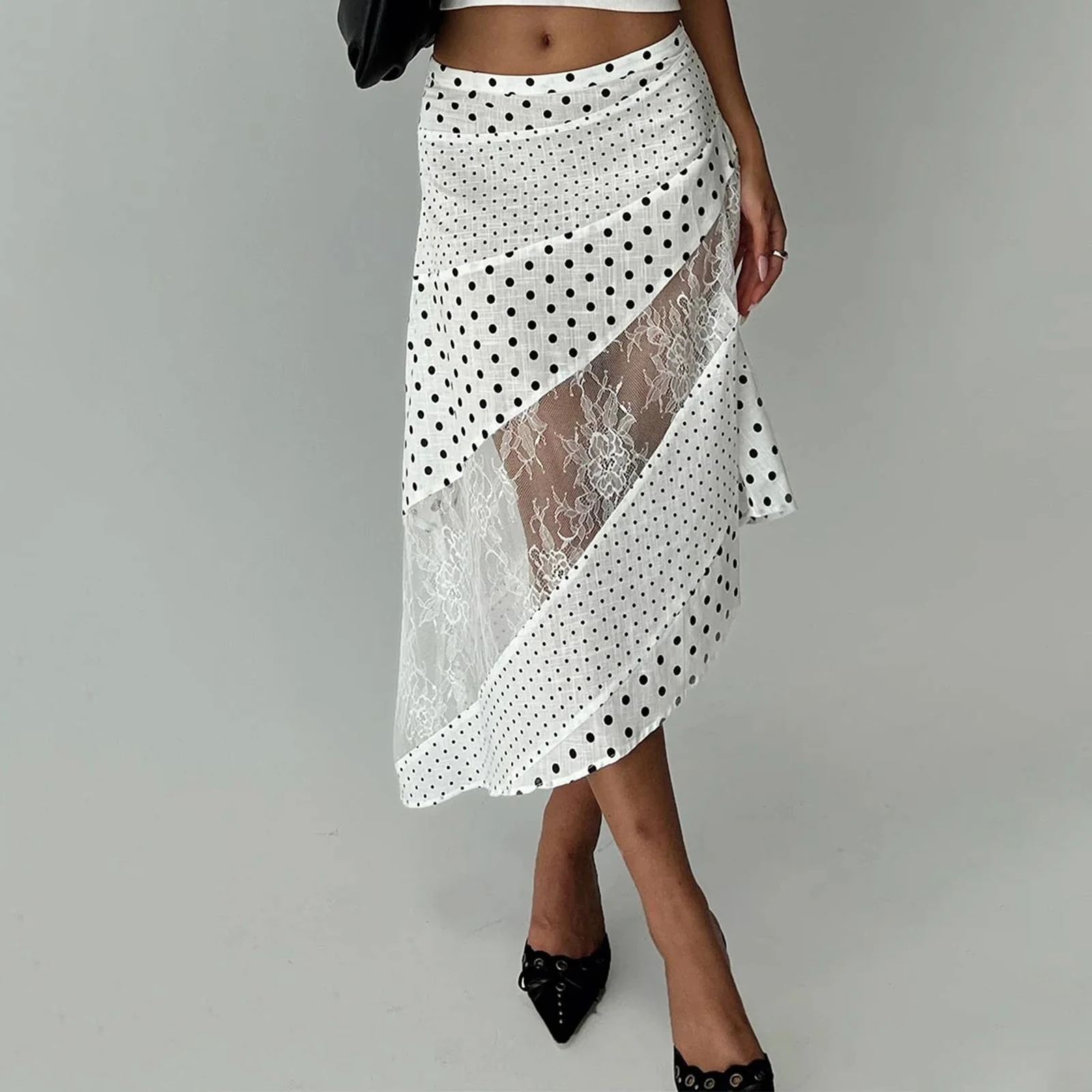 Women's Flowy Midi Skirt Vintage Low Waist Floral/Dots Print Long Skirt Lightweight Fall Skirt