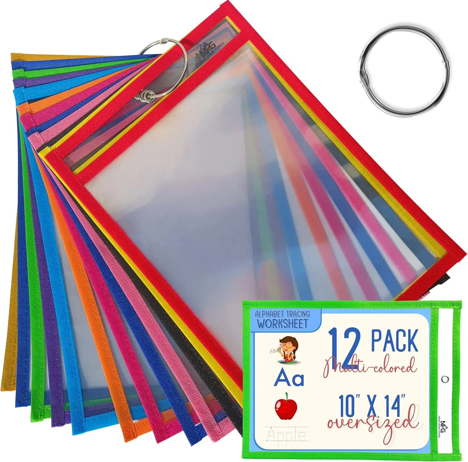 

12 Pack Oversized Dry Erase Pockets with Binder Ring - 10x14 Reusable Sheet Protectors for Classroom Teacher Supplies
