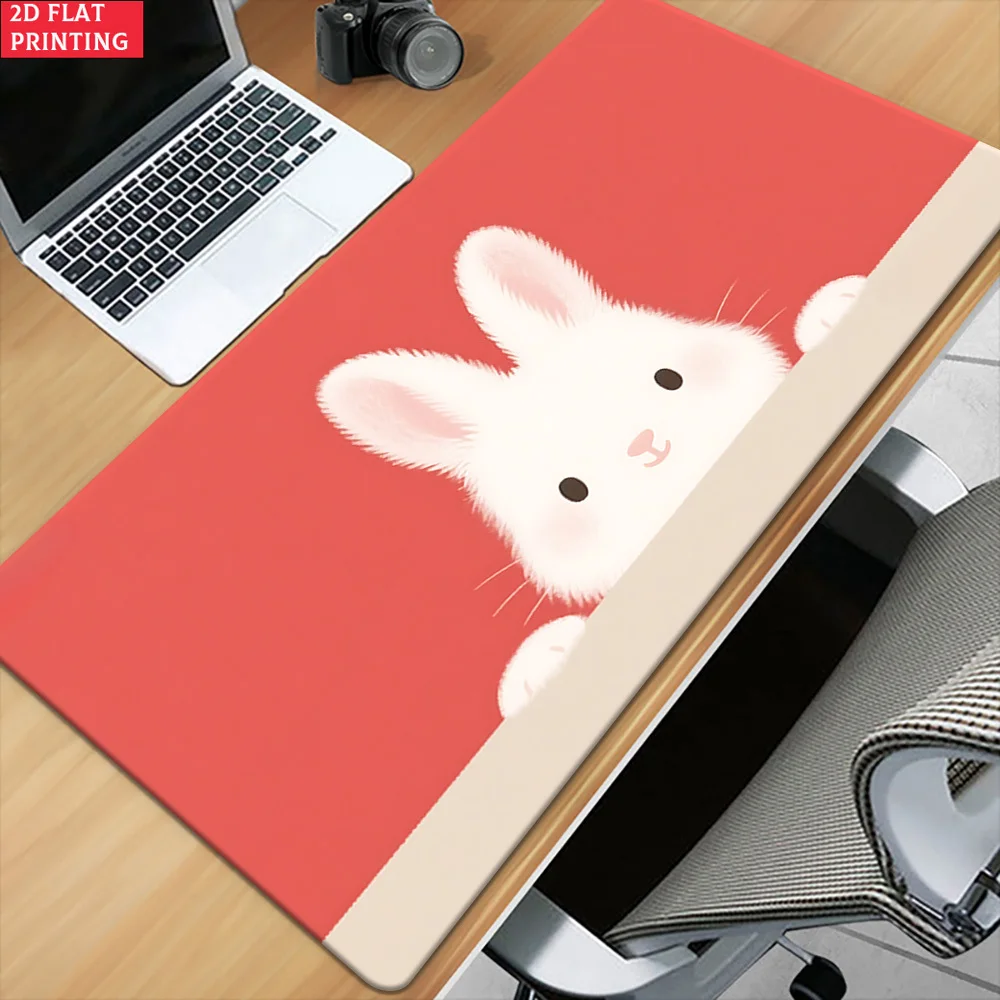 

Cute Peeking White Bunny Extended Desk Mat, Kawaii Red Rabbit Gaming Mouse Pad, Non-Slip Large Mousepad for Home Decor