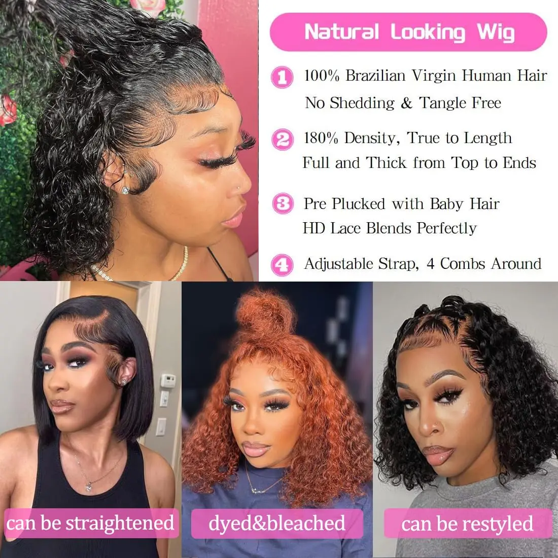 شعر مستعار قصير بموجة ماء بدانتيل أمامي للنساء ، شعر بشري بوب ، شعر مستعار مجعد عميق ، كثافة ، 13 × 4 ، 8 بوصة ، 10 بوصة ، 12 بوصة ، 14 بوصة ، 16 بوصة