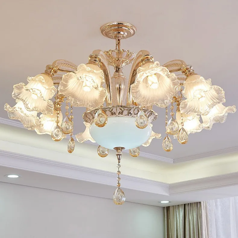 

European-style glass crystal Chandelier fabric lampshade hang light Living Room Dining Room foyer hotel pendant lighting fixture