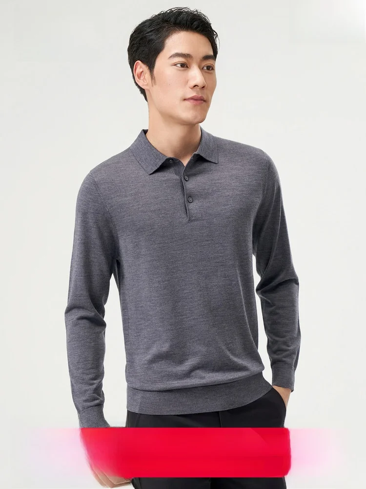 Hengyuanxiang Men's Fine Spun Pure Wool Sweater Collared Knitted Shirt Mid-aged Fashionable Autumn New Arrival Thin Long Sleeve