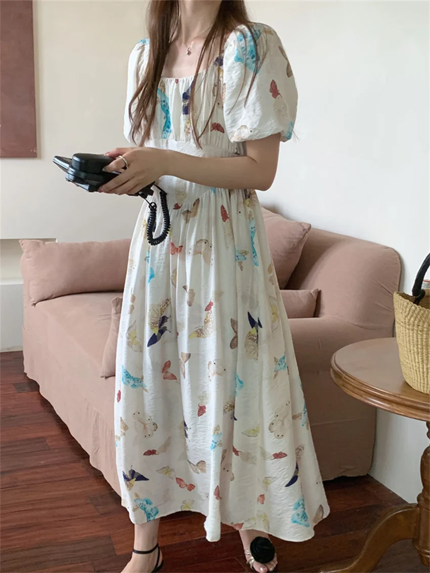 Alien Kitty Vacation Slim Maxi Dress Women Chic Summer Printed Princess 2024 Loose New Puff Short Sleeve Daily Mujer Gentle