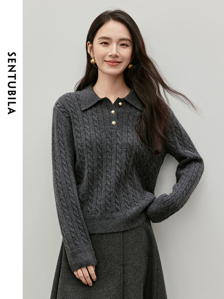 SENTUBILA Letter Embroidery Wool Pullovers for Women 2024 Winter Loose Knitted Polo Neck Long Sleeve Women Clothing W44E57156