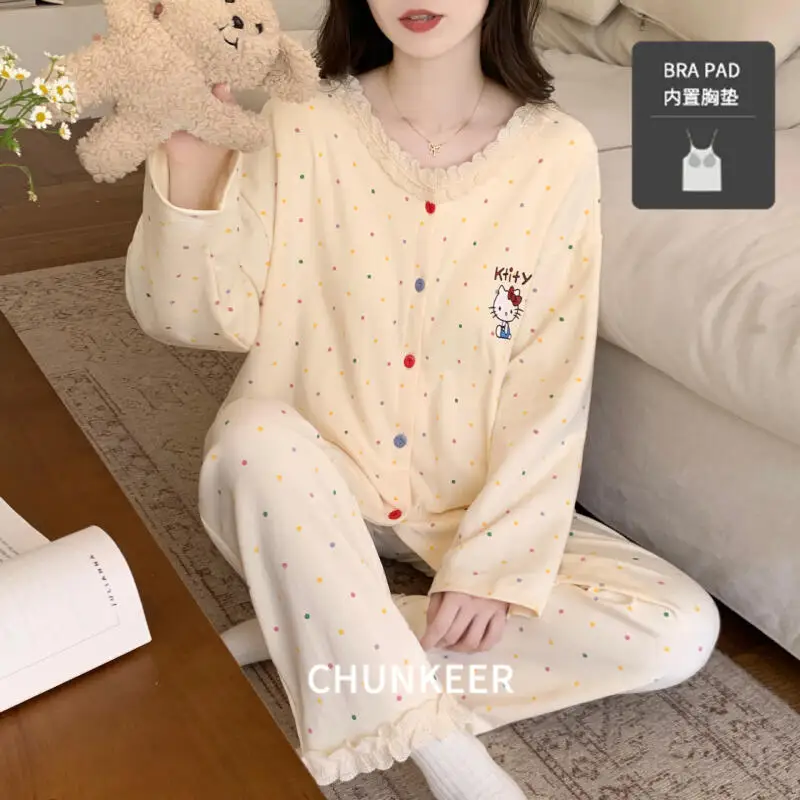 

Cartoon Hello Kitty Long Sleeves Pajamas Kawaii Female Autumn New Style Sweet Girl Cute Cardigan Large Size Lounge Clothes Suit