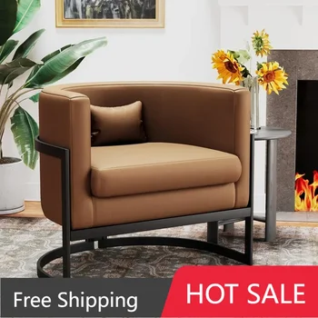 Image Brown Faux Leather Barrel Accent Chair Modern Upholstered Armchair for Living Room Bedroom Single Sofa Chair Club Side Chairs