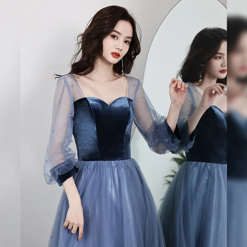 Blue Sexy Elegant Long Evening Prom Dresses New Beaded Mesh Long Sleeve A-line Formal Prom Dresses Temperament for Women Summer