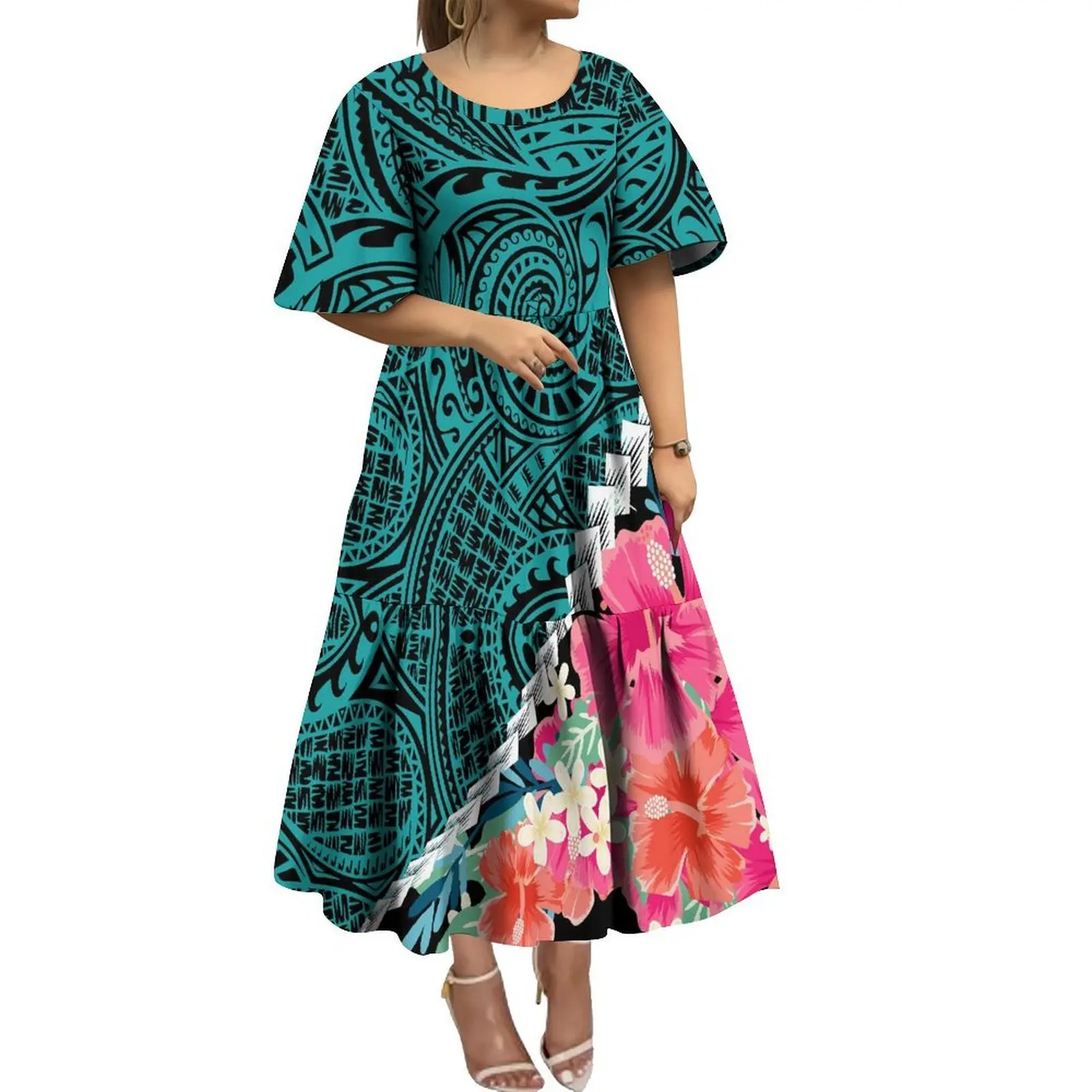 New Polynesian Island Customized Women'S Summer Short-Sleeved Dress Island Style High-Resolution Art Print Evening Gown
