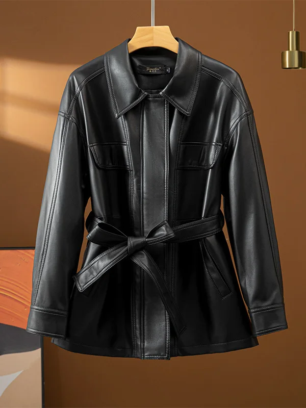  Ning 本物の羊革レザージャケット レディース スプリングオータム ウエストを締めるベルト付き ミディ丈 ウインドブレーカー
