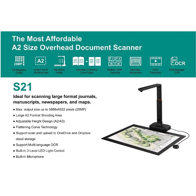 A2 21MP HD Large Format Book Scanner USB LED Light Source Industrial Document Scanner