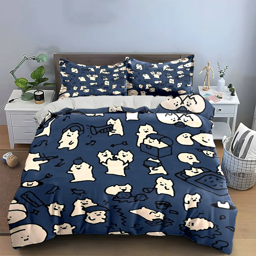 3Pcs Whimsical Cat Bedding Set, Adorable Doodle Kittens in Everyday Scenes Print Duvet Cover, Cozy Kids Bedroom Decor