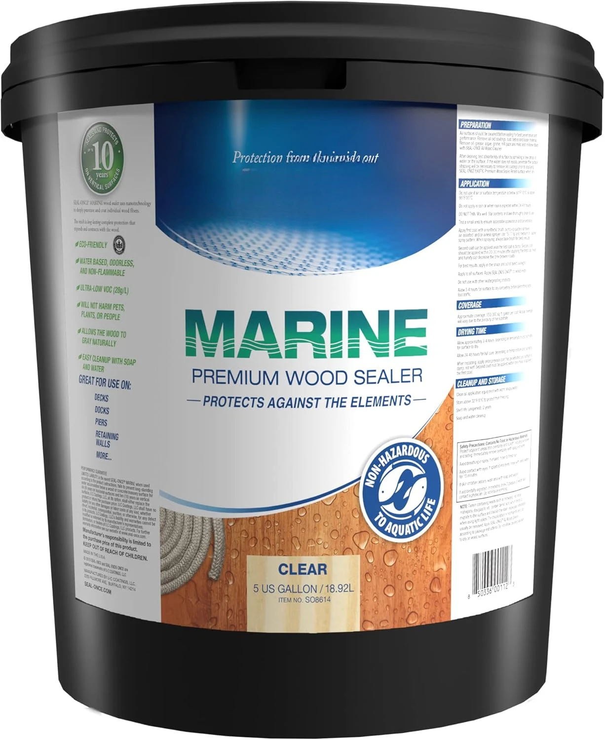 Marine Premium Wood Sealer - Waterproof Sealant - Wood Stain and Sealer in One - 5 Gallon & Clear