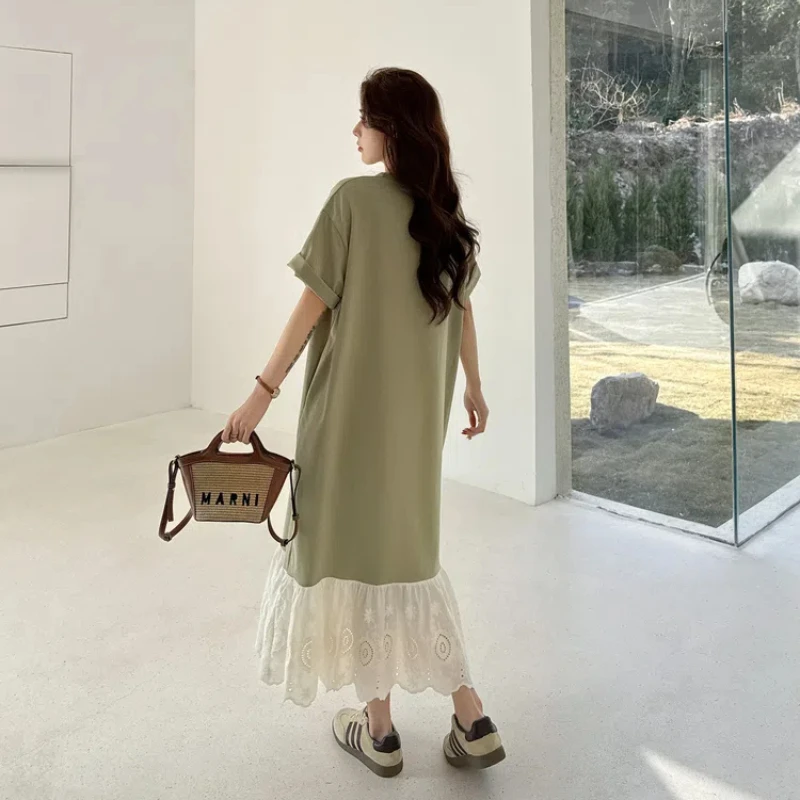 ผู้หญิงหลวมพลัสขนาดเสื้อยืดชุดฤดูใบไม้ผลิฤดูร้อน 2025 Casual Jacquard Patchwork Lady Vestidos KE6805