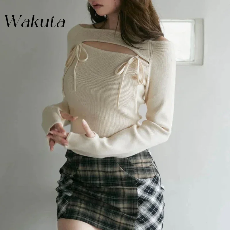 WAKUTA Bandage Knitted Ropa Mujer Sexy Hollow Out 2025 Woman Sweaters Long Sleeve Outerwears Pullovers Spring Female Clothing