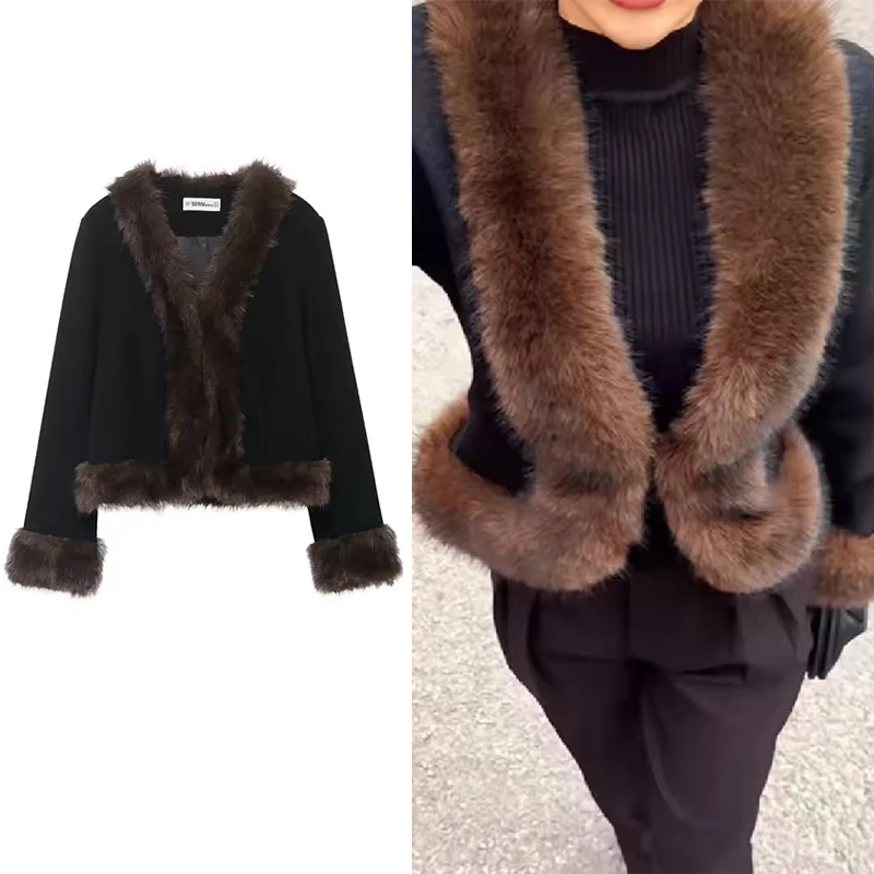 

Женская элегантная тонкая куртка с воротником из искусственного меха в стиле пэчворк, модное пальто высокого качества с длинными рукавами, новинка 2025 года, женская пригородная верхняя одежда ﻿