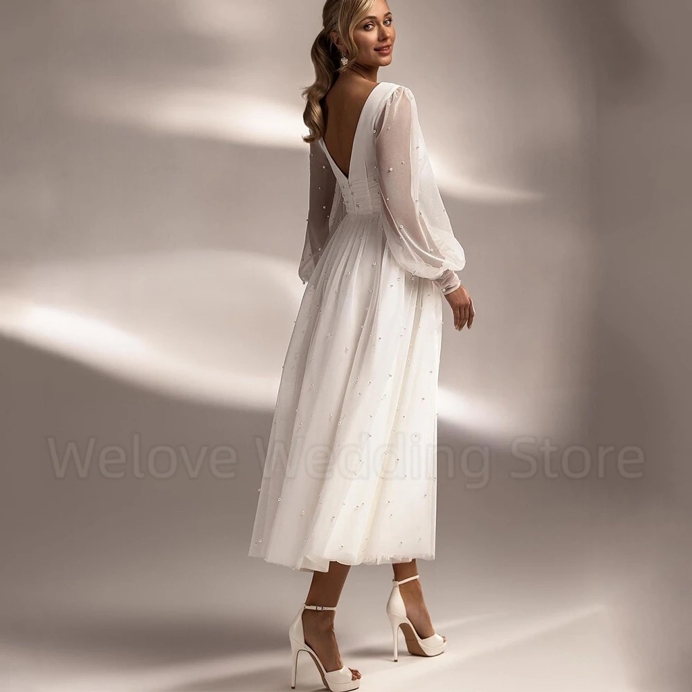 Welove Pearls Tulle Short Wedding Dress Sexy Open Back with Pleat A-Line Tea-Length Bridal Lantern Long Sleeves Civil Gowns