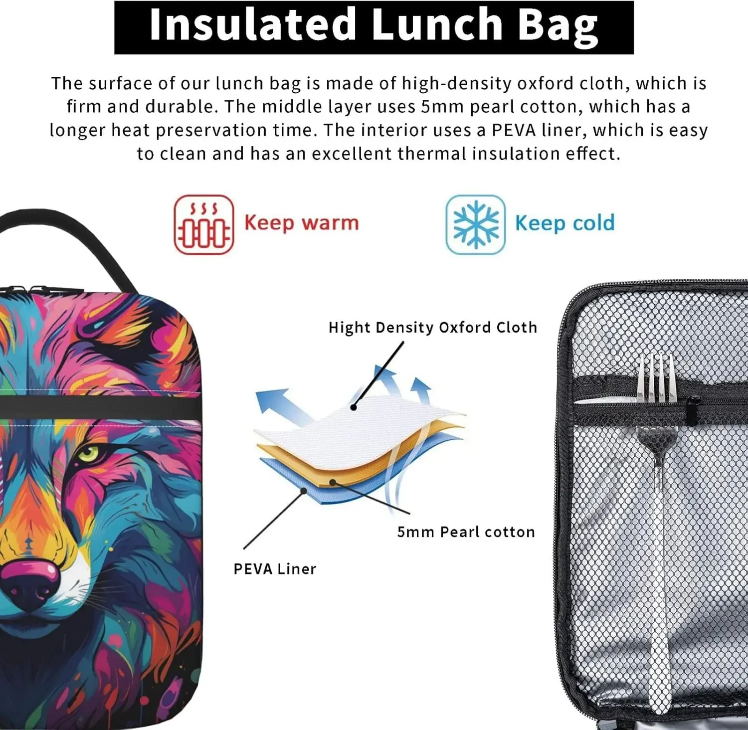 Lunch Box for Kids Adults Girls Boys Colorful Wolf Lunch Bag Cooler Tote Reusable Insulated Lunch Bag Container Gifts for