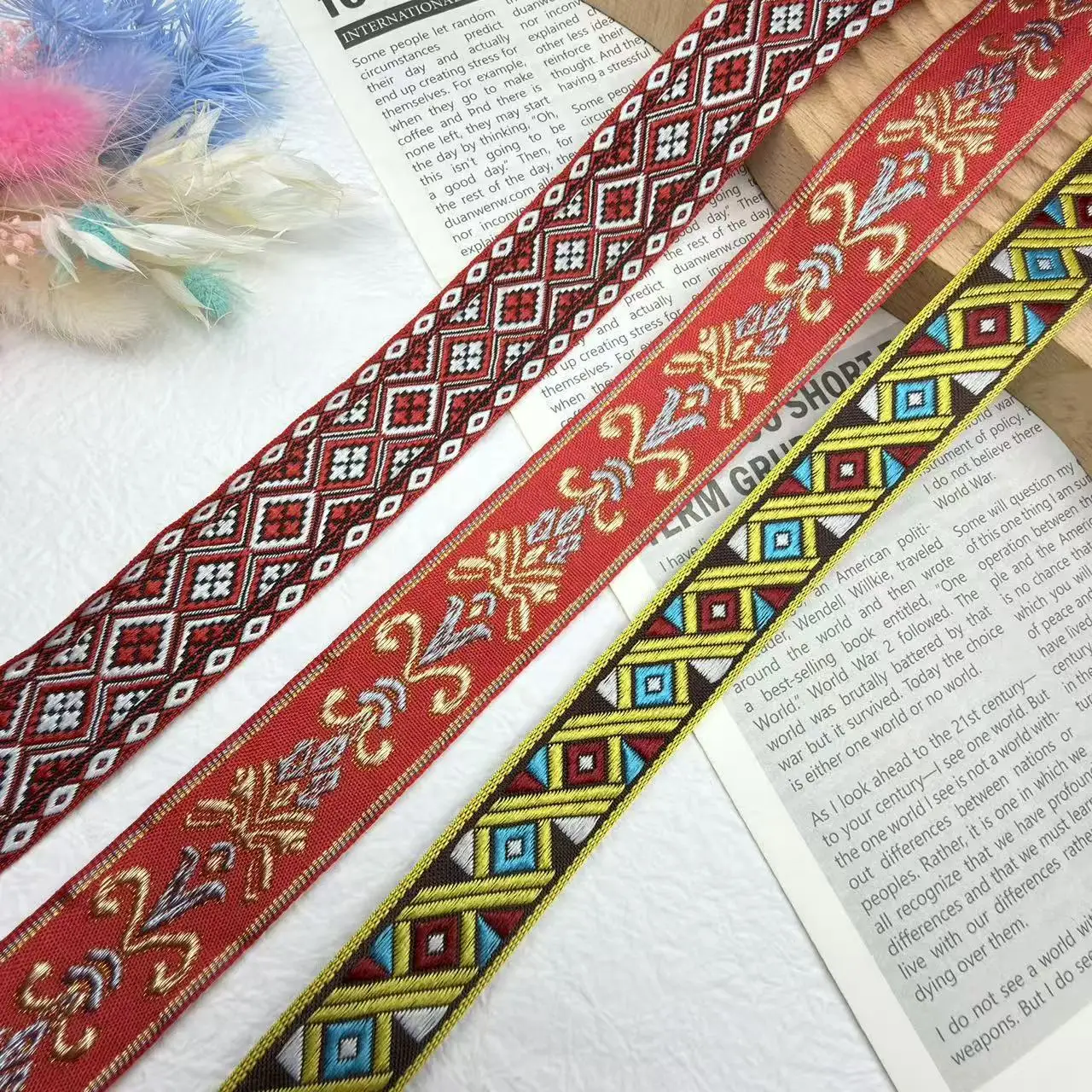 1yard Diamond Jacquard Lace Trim, Ethnic Vintage Embroidery Ribbon Festive Red for Hanfu Costume, Traditional Sewing Trim DIY Cr