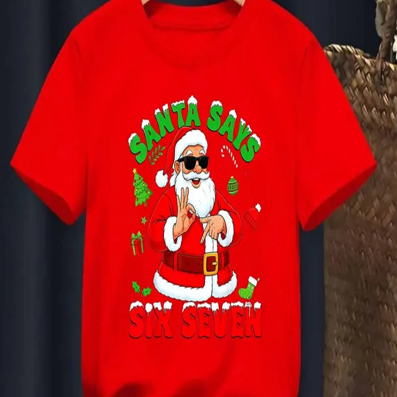 Cute Kids Clothes Christmas Gift T-Shirt For Girls/Boys Santa Says 67 Meme Graphic Printed T Shirt Short Sleeve Solid Tshirt