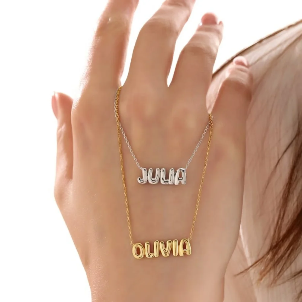 LeeChee 925 Silver 3D Balloon Custom Name Necklace Personalized Bubble Name Puff Necklace Mother's Day Jewelry Gift
