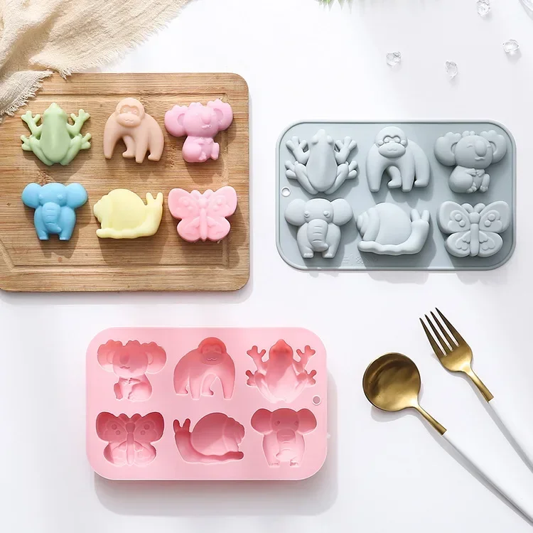 6 Holes 6 Different Cartoon Species, Silicone Mold Fondant Cake Chocolate Mold Ice Cube Cake Mould Cake Decoration Accessories