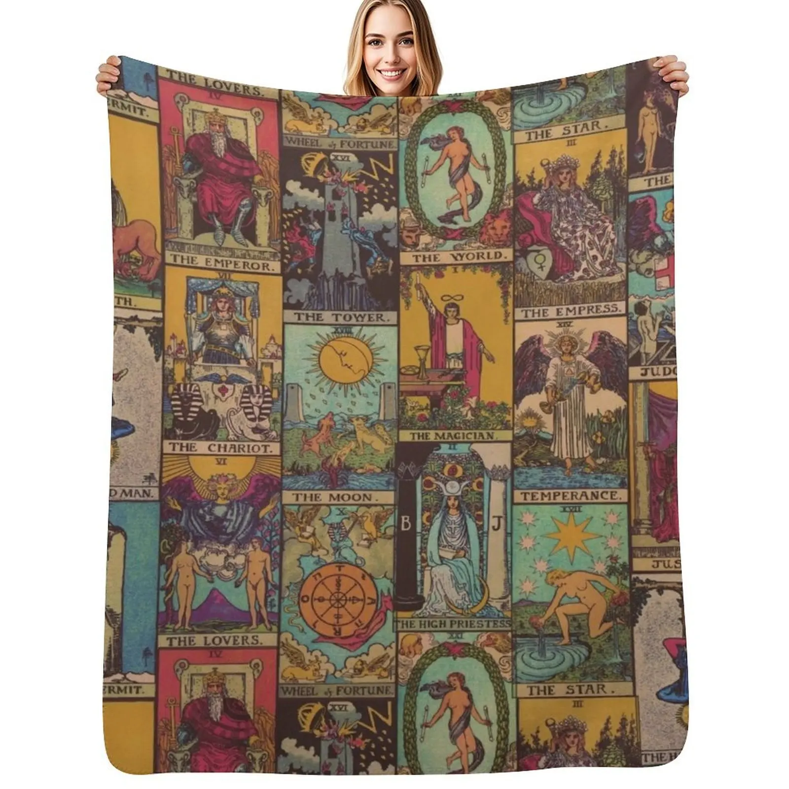 

The Major Arcana of Tarot Vintage Patchwork Throw Blanket Durable Warm Blanket for Daily Home Use