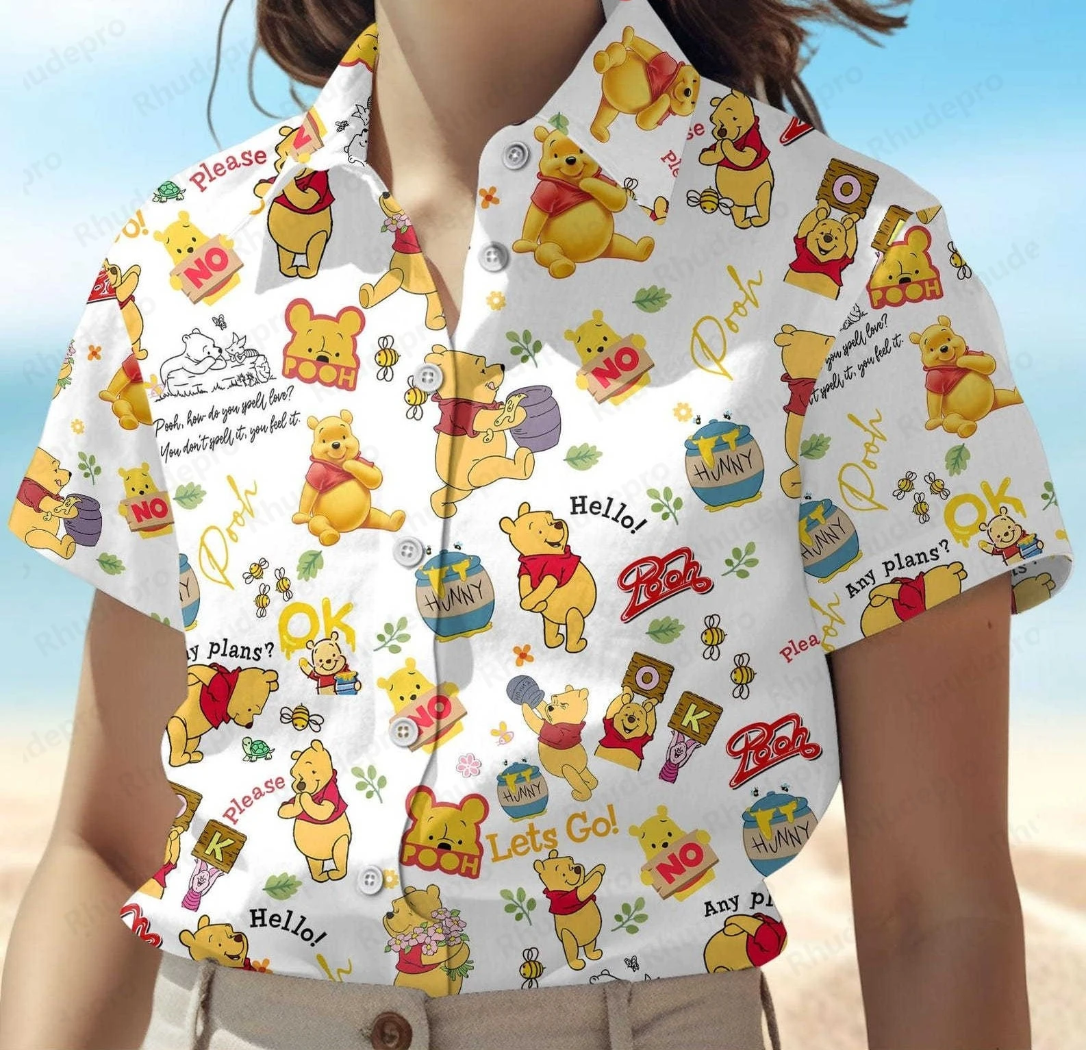 Disney tropica winnie the pooh camisa havaiana das mulheres manga curta botão camisa verão casual praia férias camisa de proteção solar