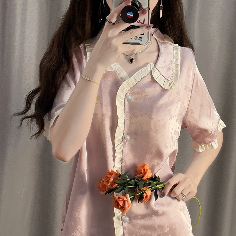 French Aesthetics Flower Print Women's Pajamas Thin Summer New Short Simple Pajamas for Women Korean Sweet Lapel Neck Sleepwear