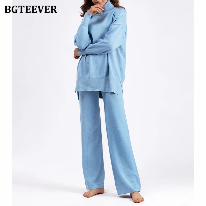 BGTEEVER Autumn Winter Turtleneck Knitted Set Women Warm Pullovers Sweater Ladies Wide Leg Trousers Female Sweater Set