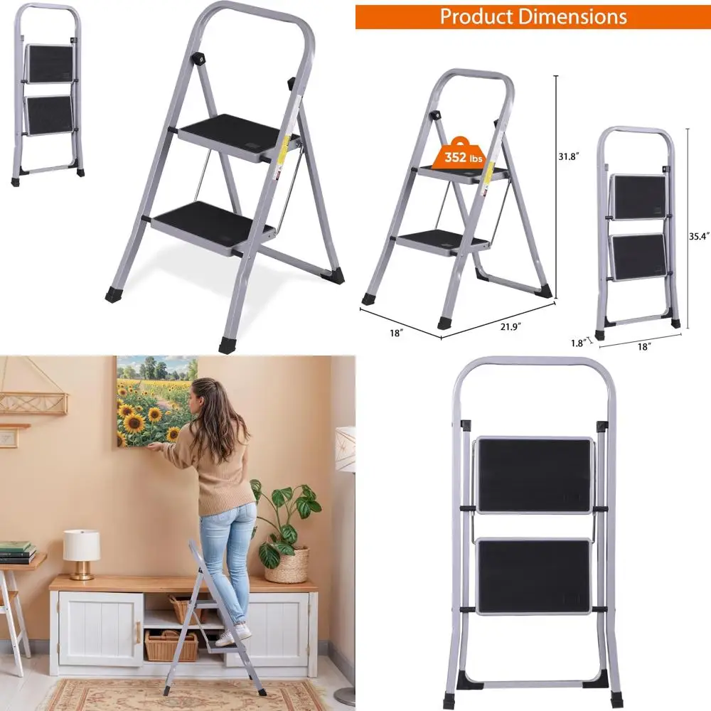 

folding 2-step ladder stool for adults with 380 lbs capacity and handy grip