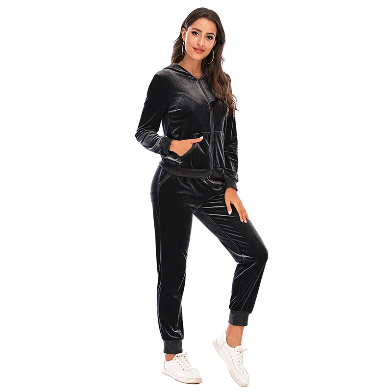 Velour Tracksuit Womens 2 Piece Sweatshirt Sweatpants Set Hoodie Sweatsuit with Pockets Casual Sportswear Autumn Winter Gym