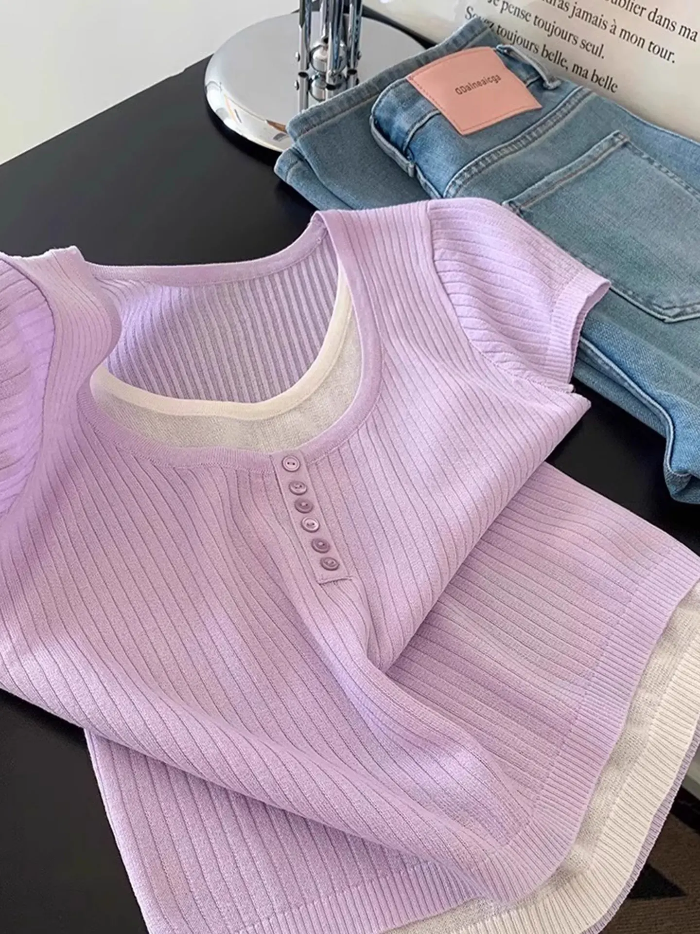 

Casual Faion Color Blo round Ne Pullover Base irt Anti-Aging Knitted Top T-irt Summer Women's Korean Sle Loose Fit