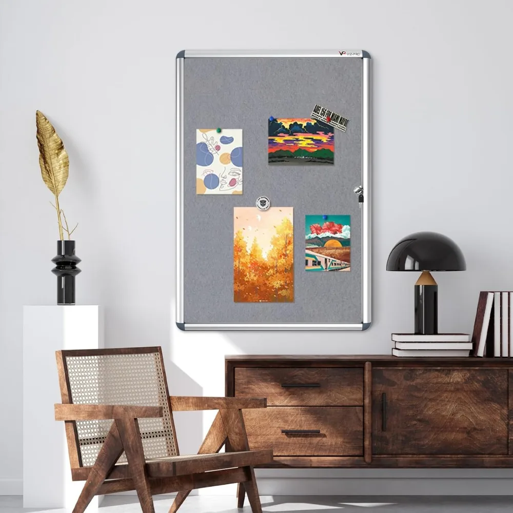 VIZ-PRO Noticeboard de tecido cinza com tampa à prova de violação emoldurado em alumínio 36 x 24 polegadas
