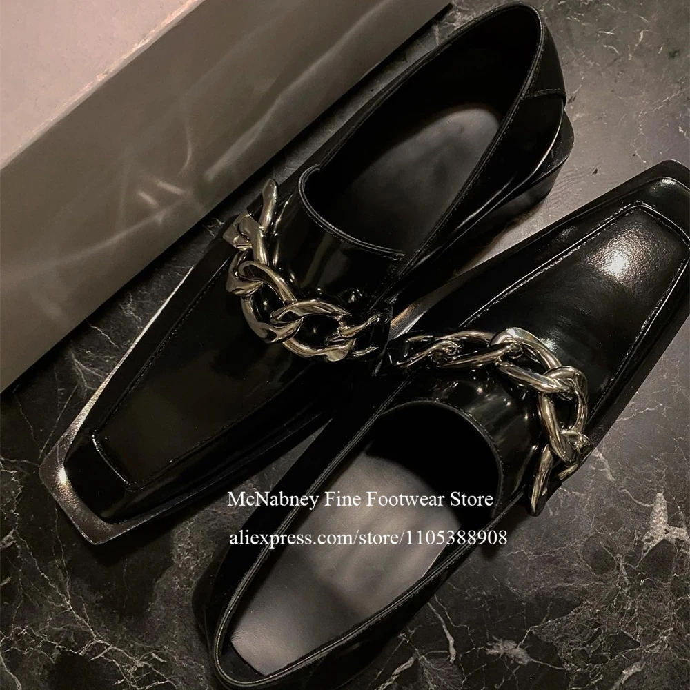 

Patent Leather Metal Chain Loafers for Men Square Toe Slip on Loafers Casual Street Daily Office Gentleman Style Shoes Plus Size