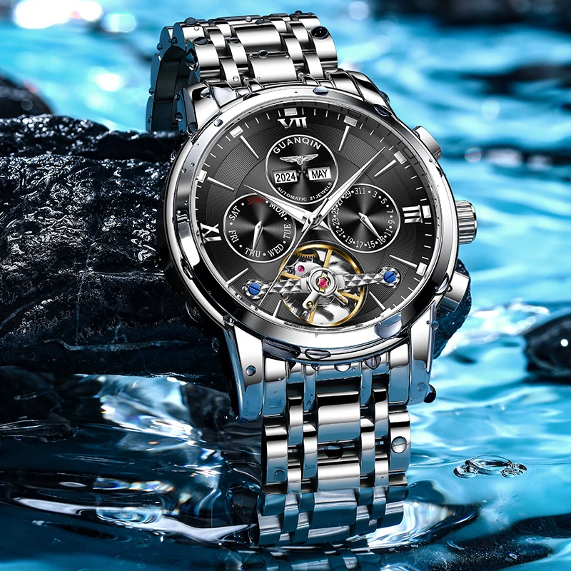 GUANQIN Luxury Men Mechanical Watch Automatic Sapphire Crystal Skeleton Tourbillon Luminous 50M Waterproof Leisure Wristwatches