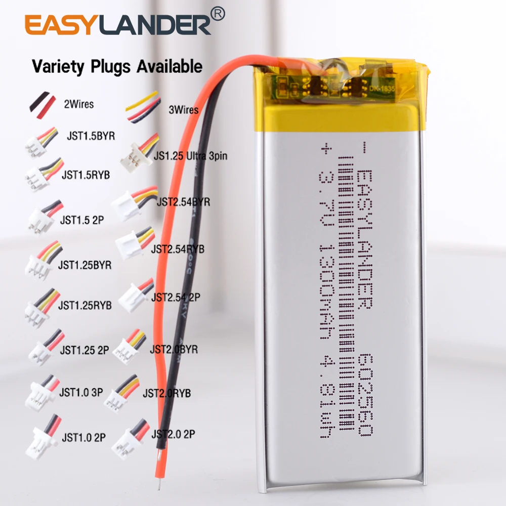 SH 1.0mm JST 1.25mm  PH2.0mm  ZH1.5mm XH 2.54mm 3.7V 1300mAh 602560 Lithium Polymer Li-Po li ion Rechargeable Battery cells