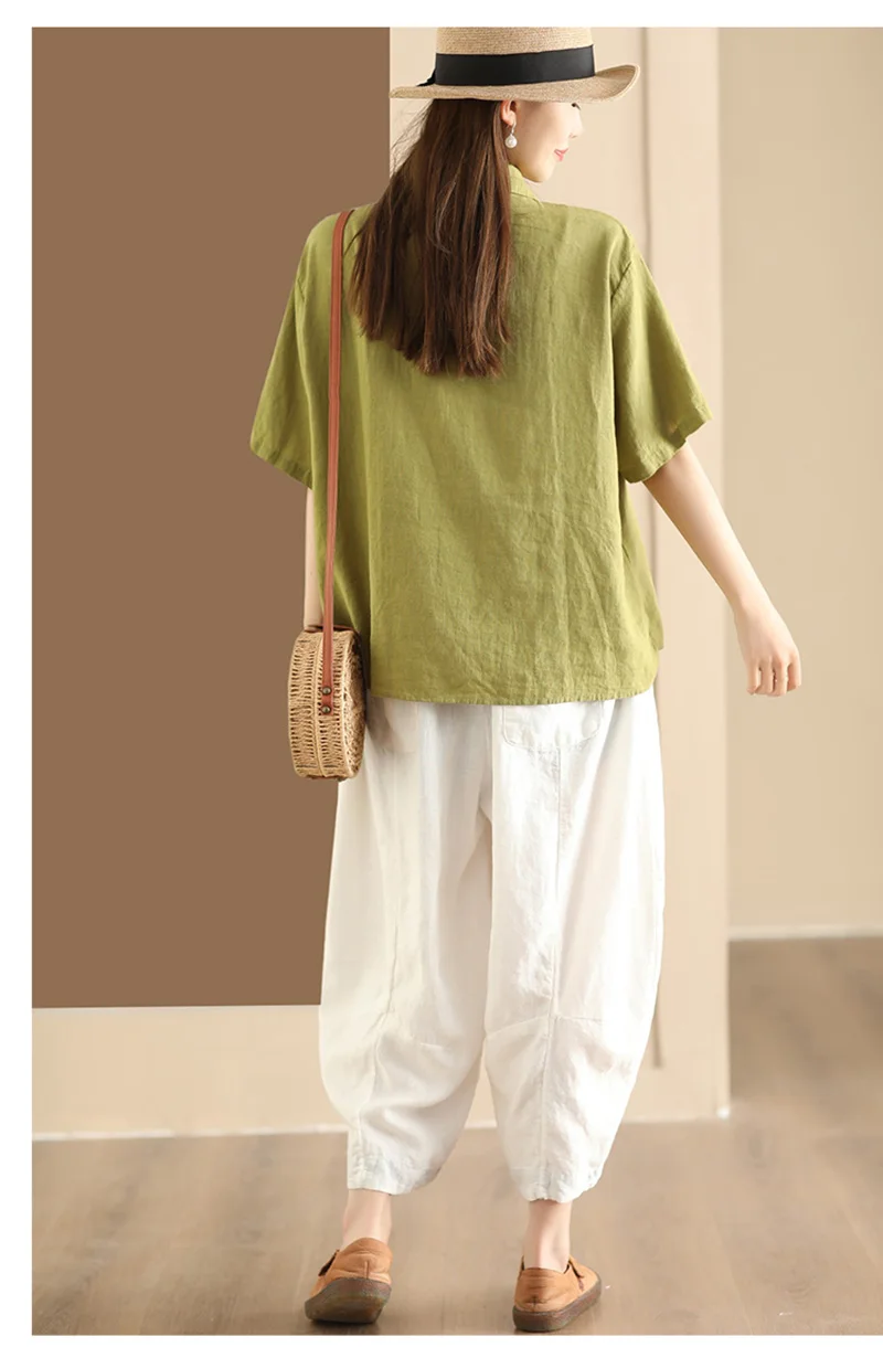 Natural Pure Linen Women's Shirt, White Short-sleeved, Simple and Elegant Top, Youthful Fashionable Street Wear Comfortable Cool