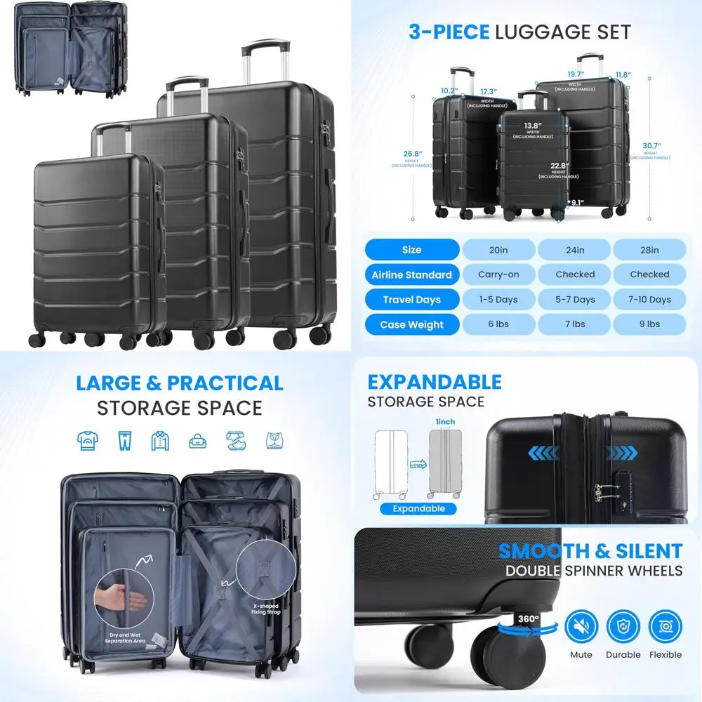 

Расширяемый легкий набор чемоданов с твердым корпусом и двойными вращающимися колесами, замком TSA, чемоданом из трех предметов для удобства в путешествиях