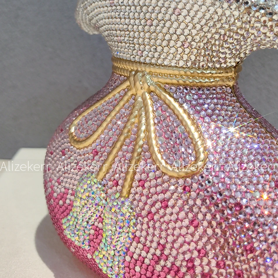 Alizekerr Women Crystal Fortune Bag Ladies Cute Gradient Pink Flat Bottom Rhinestone Evening Purse Bridal Wedding Party Banquet - view 6