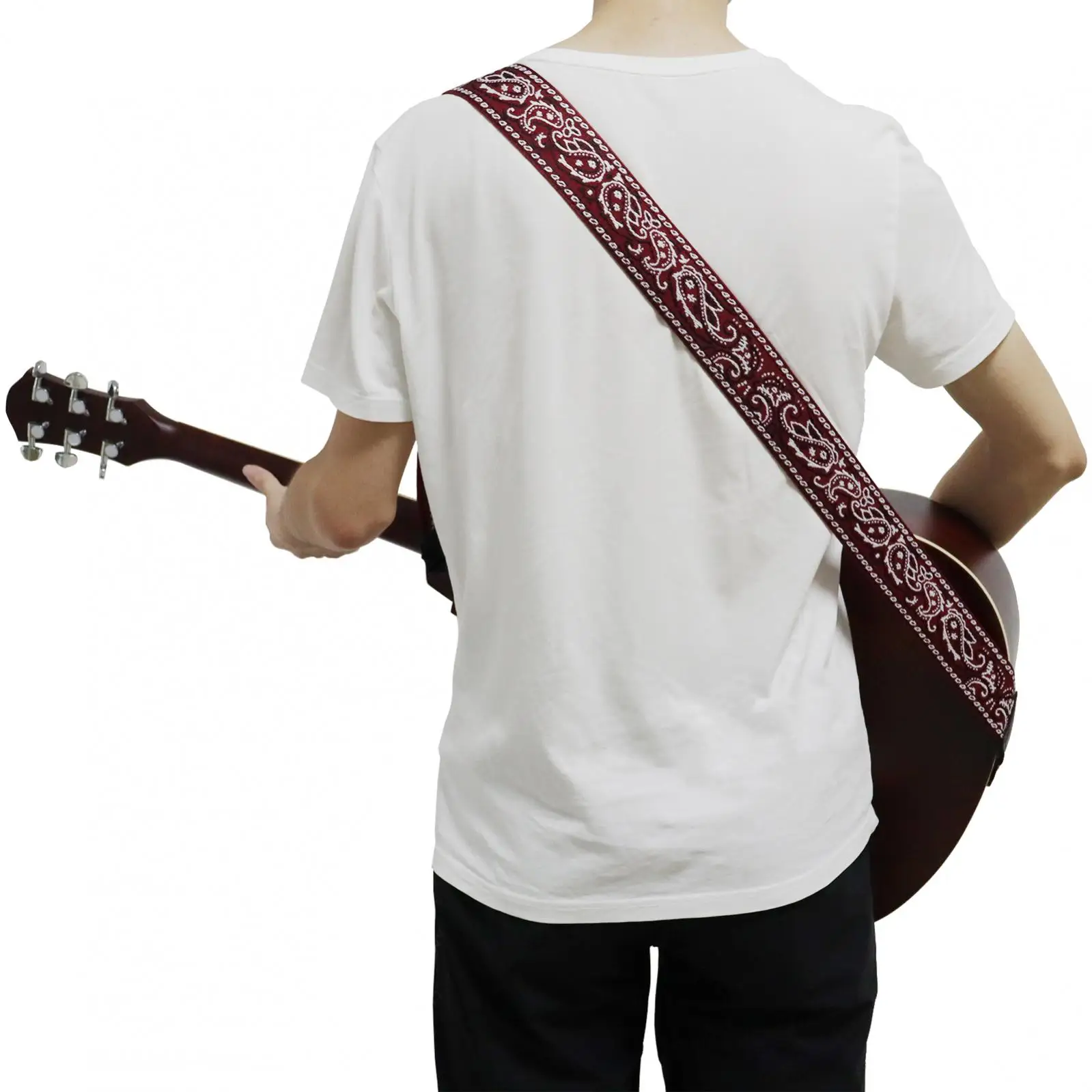 Gitarrengurt im bestickten Stil aus PU-Leder mit Plektrum-Schlitz, verstellbarer Gitarrengurt für akustische E-Gitarre und Bass – Detail 10