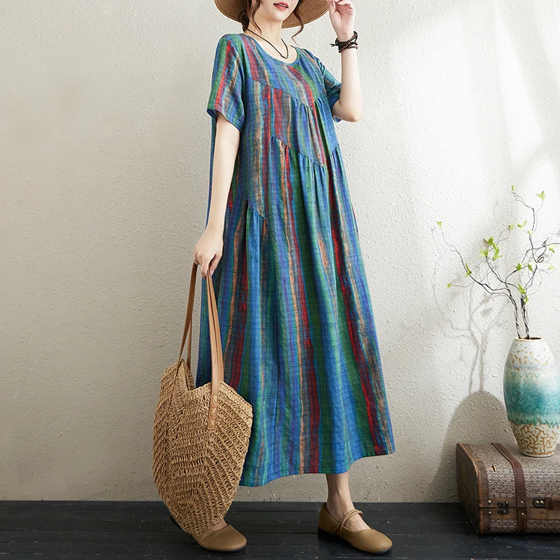  Striped Cotton Linen Printed Dr Summer Large Size Women's Faionable round Ne Loose over Knee A-Line Skirt