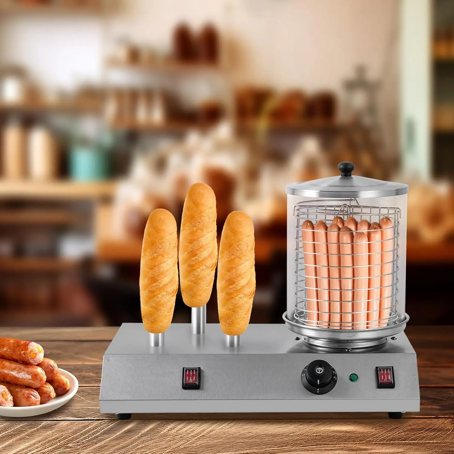 Grill,Electric Bun Warmer Cooker, Bread Toaster Machine with Temperature Control and 3 Heating Rods for Hot Dogs,Egg Rolls