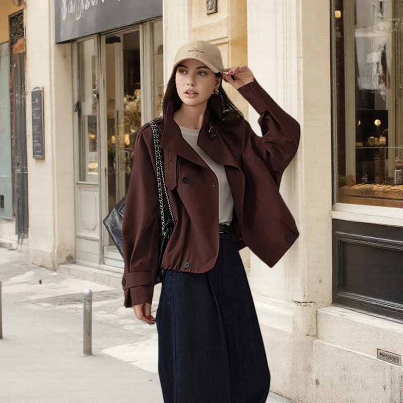 

Korean Stand Collar Zip Up Burgundy Jacket Women Spring Autumn Loose Streetwear Outerwear New Fashion Cropped Coats Woman