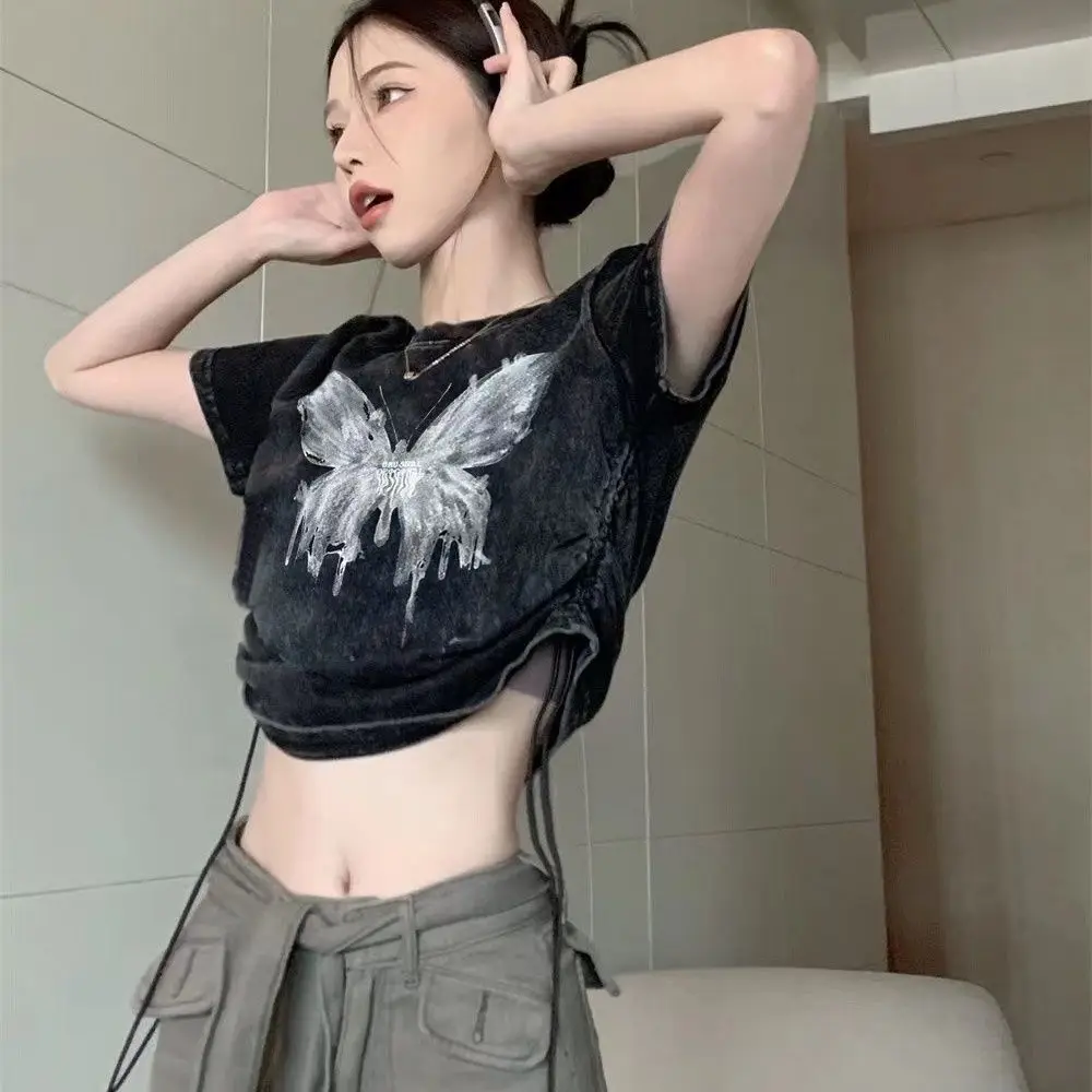 Y2k Gewaschenes Schwarzes Crop-Top Kurzarm-T-Shirt für Damen mit Schmetterlingsdruck Sommer Vintage Kleidung Übergroße Crop-Tops mit Kordelzug – Detail 7