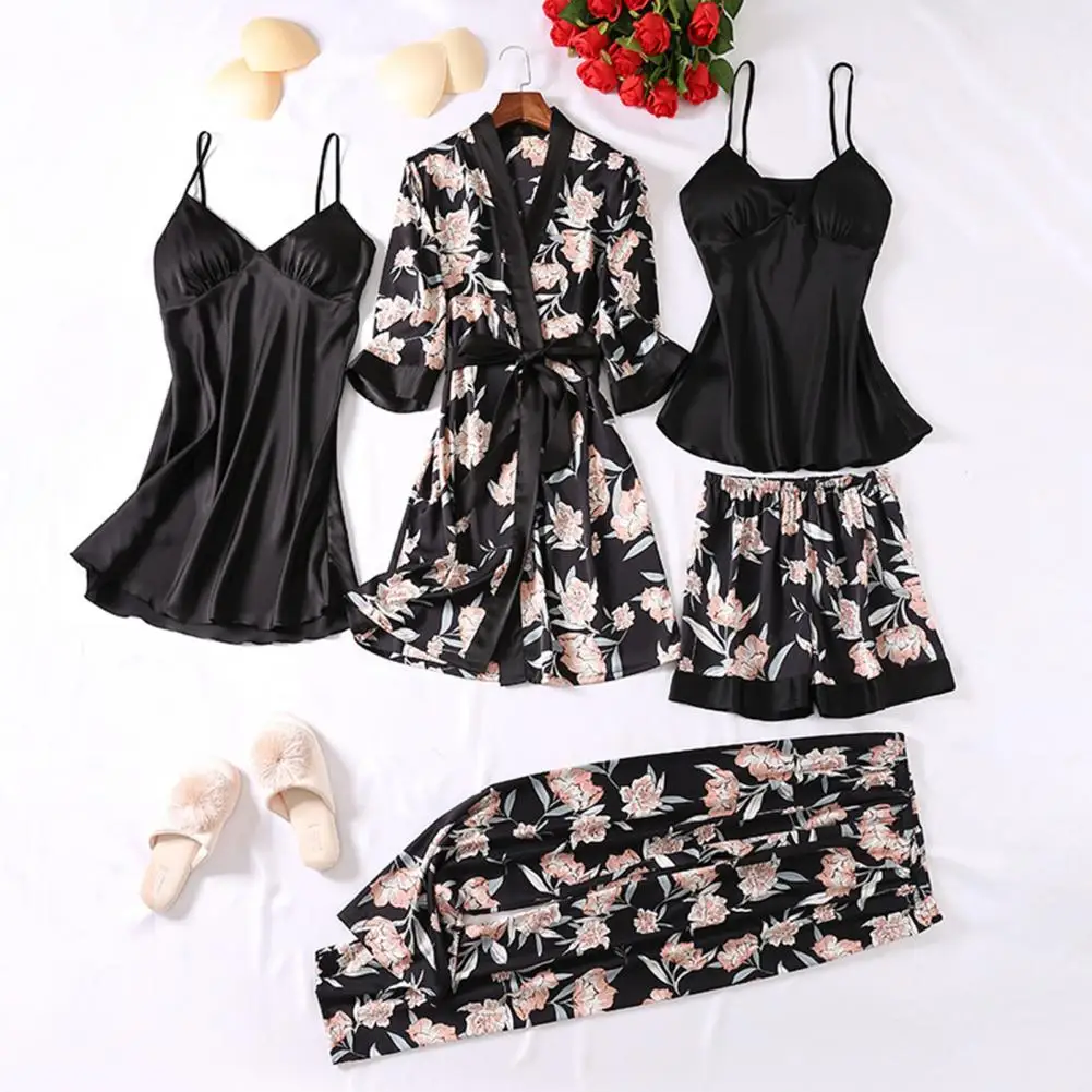 5 Pcs/Set Women Pajamas Suit Nightgown Top Shorts Pants Set Silky Flower Detachable Chest Pads Lace-up Waist Thin Homewear Set