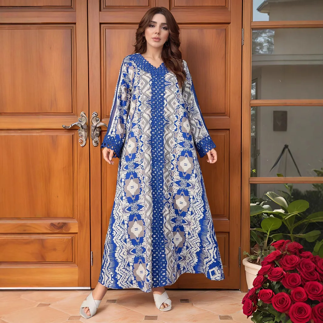 

New Middle East Arabian Robe Muslim Dress Lace Splicing Loose Maxi Dress Long Abaya Robe