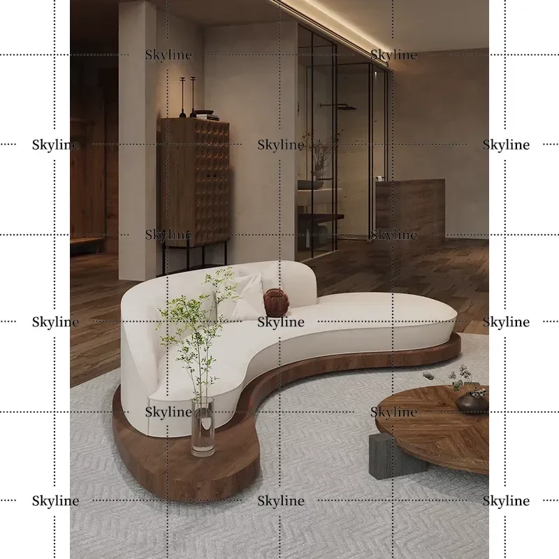 Curved Wabi-Sabi Solid Wood Sofa, Ancient Style Floor Lounge for Hotel Rest Area & Reception