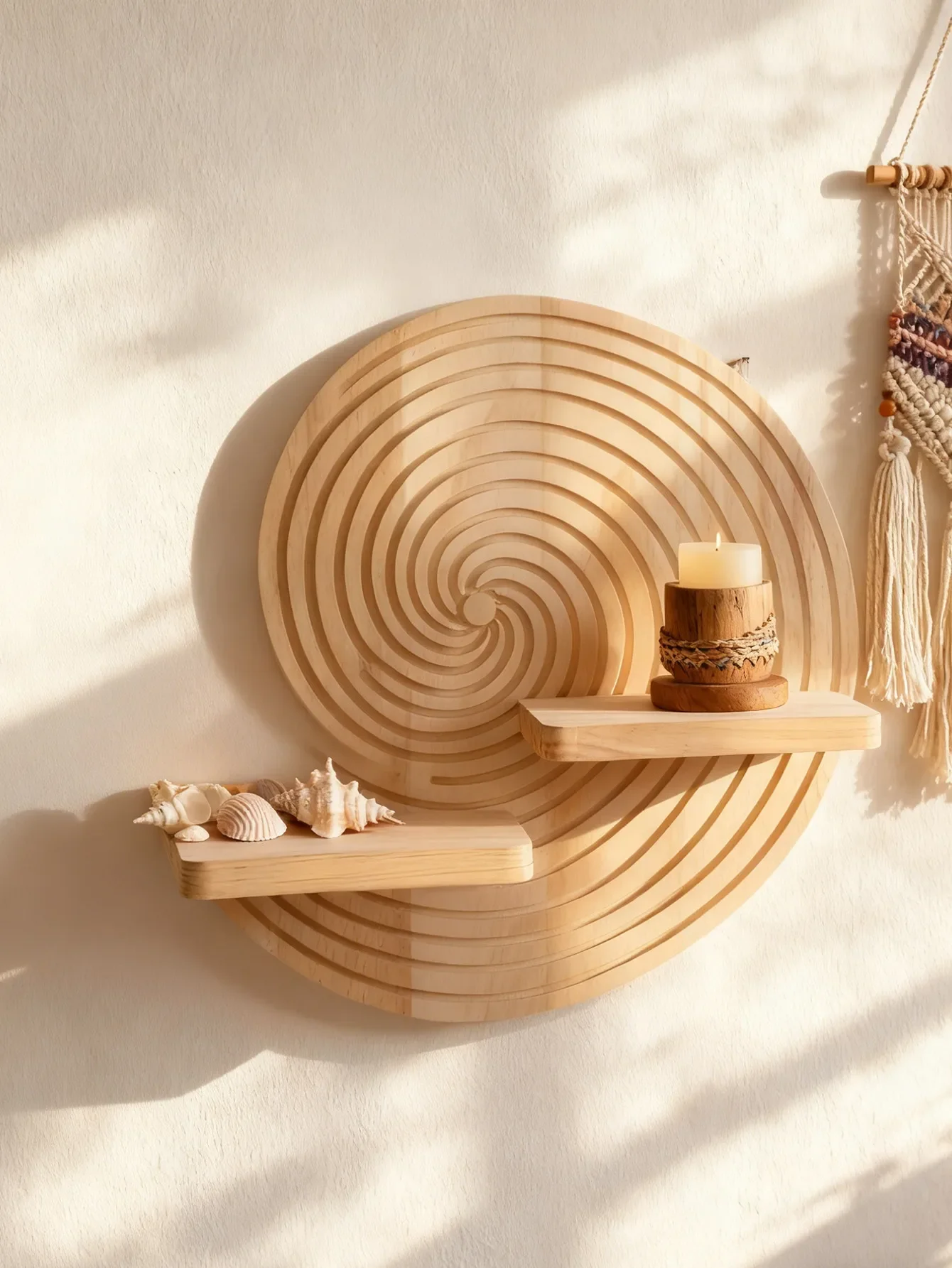 Boho Wooden Wall Shelf Shell/Spiral Shape Floating Wall Mount Storage Rack for Bedroom Bathroom Living Room Nursery Home Decor