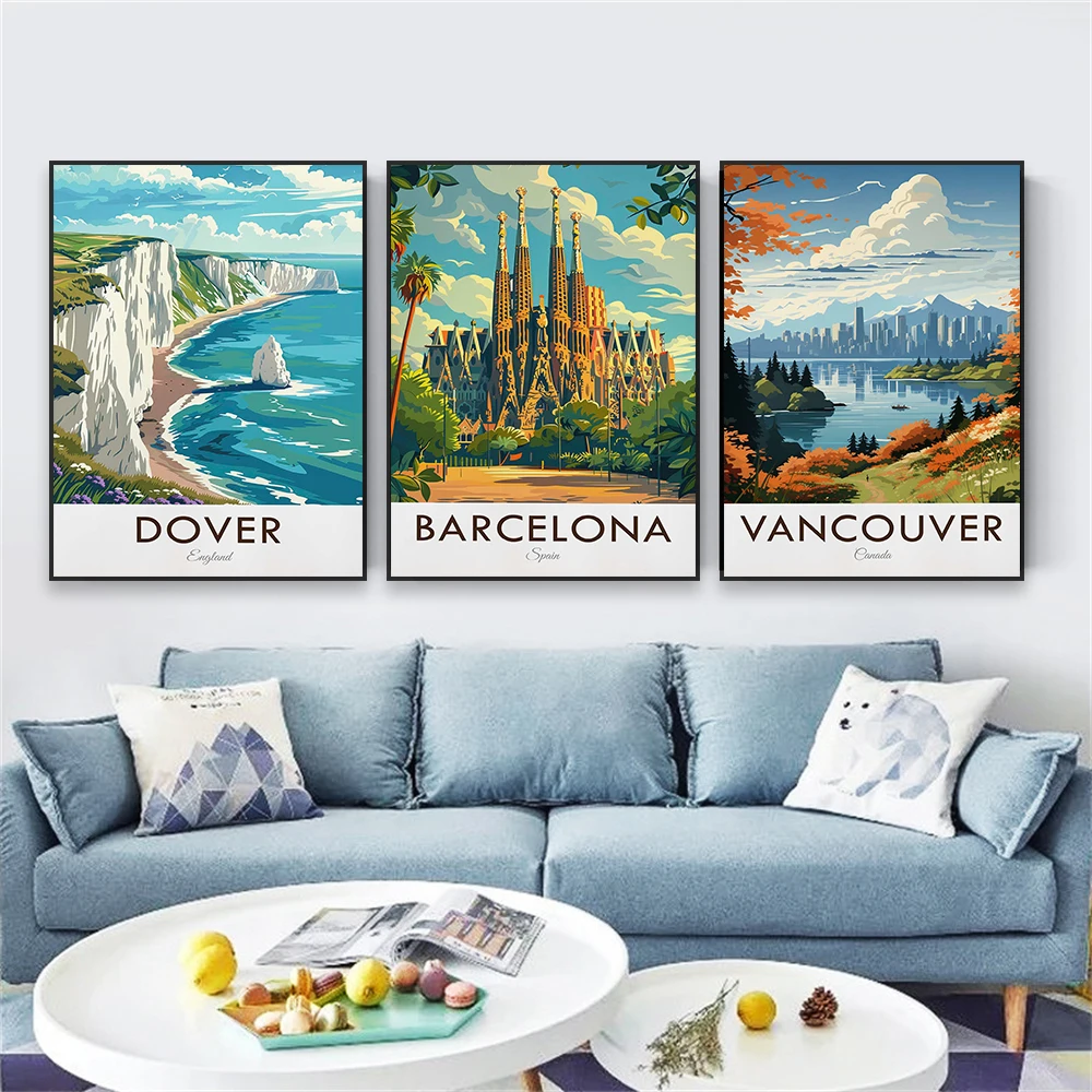 Vintage Style Travel Print Poster Dover England Landscape Colorful Barcelona Spain Print Vancouver Canvas Painting Bedroom Decor