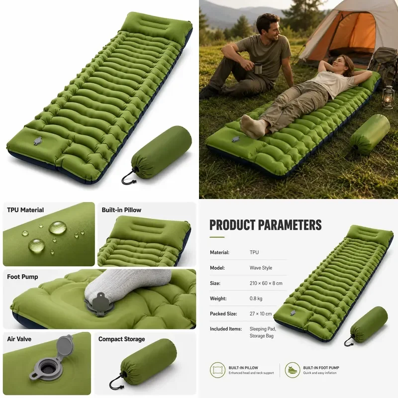 Ultralight TPU Camping Sleeping Pad Built-in Foot Pump Integrated Pillow Portable Inflatable Mattress for Hiking Outdoor Use